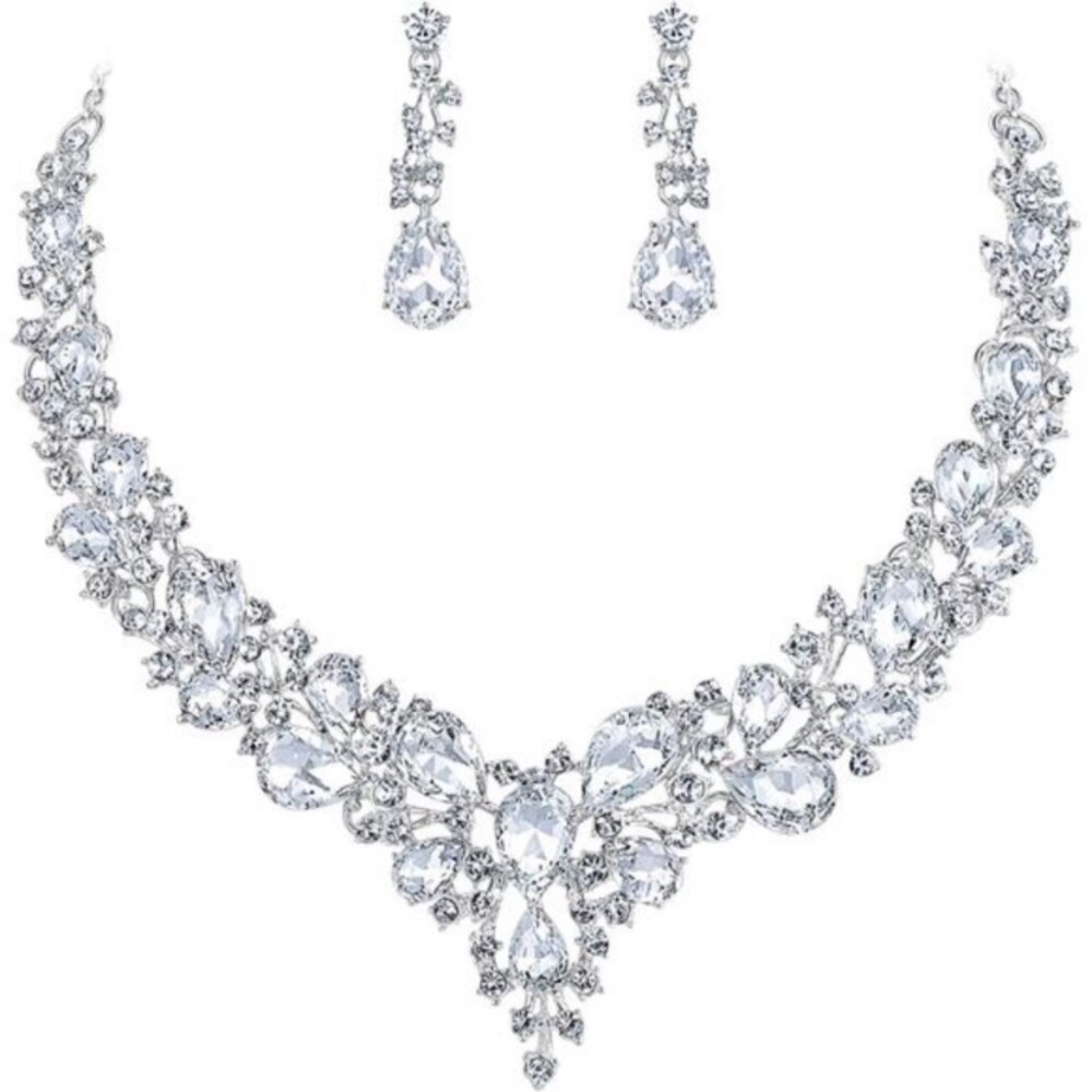Austrian Crystal Teardrop Necklace & Earrings Set 18k Gold Plated Silver